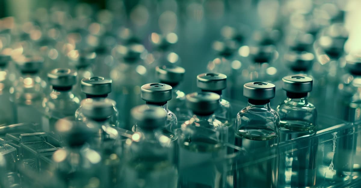 A collection of vaccine vials in a production line